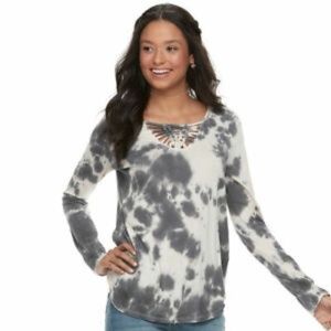 Mudd Gray Tie Dye Crochet Front Long Sleeve Shirt